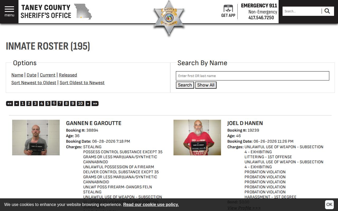 Deeper page of the official Taney County inmate roster