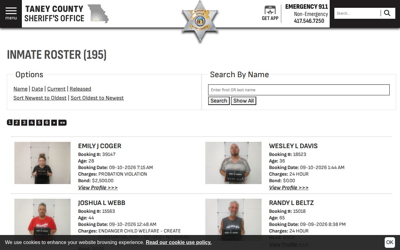 Taney County Sheriff current inmate roster interface sorted by booking time