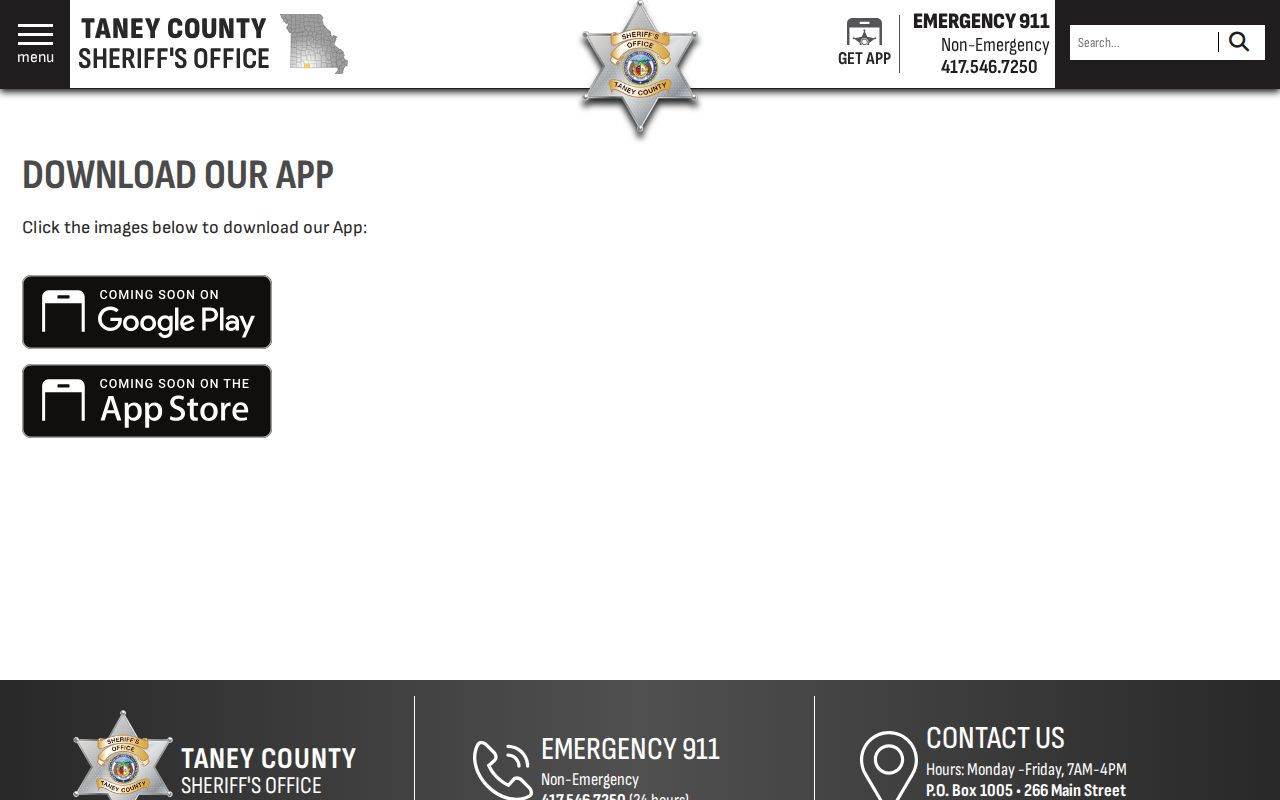 Taney County Sheriff app page showing app stores coming soon