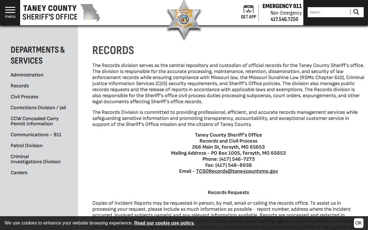 Taney County Sheriff Records and Civil Process request instructions