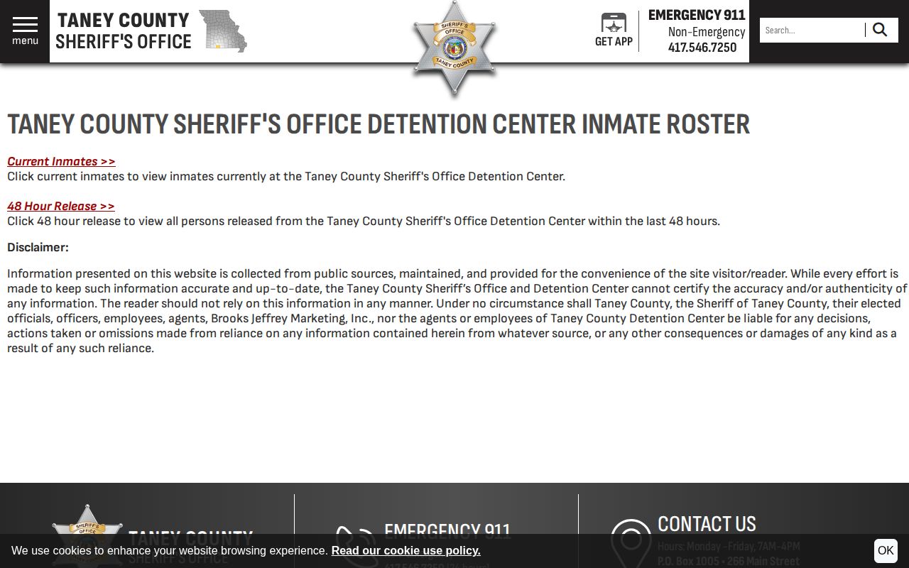 Taney County Sheriff official inmate roster disclaimer and gateway