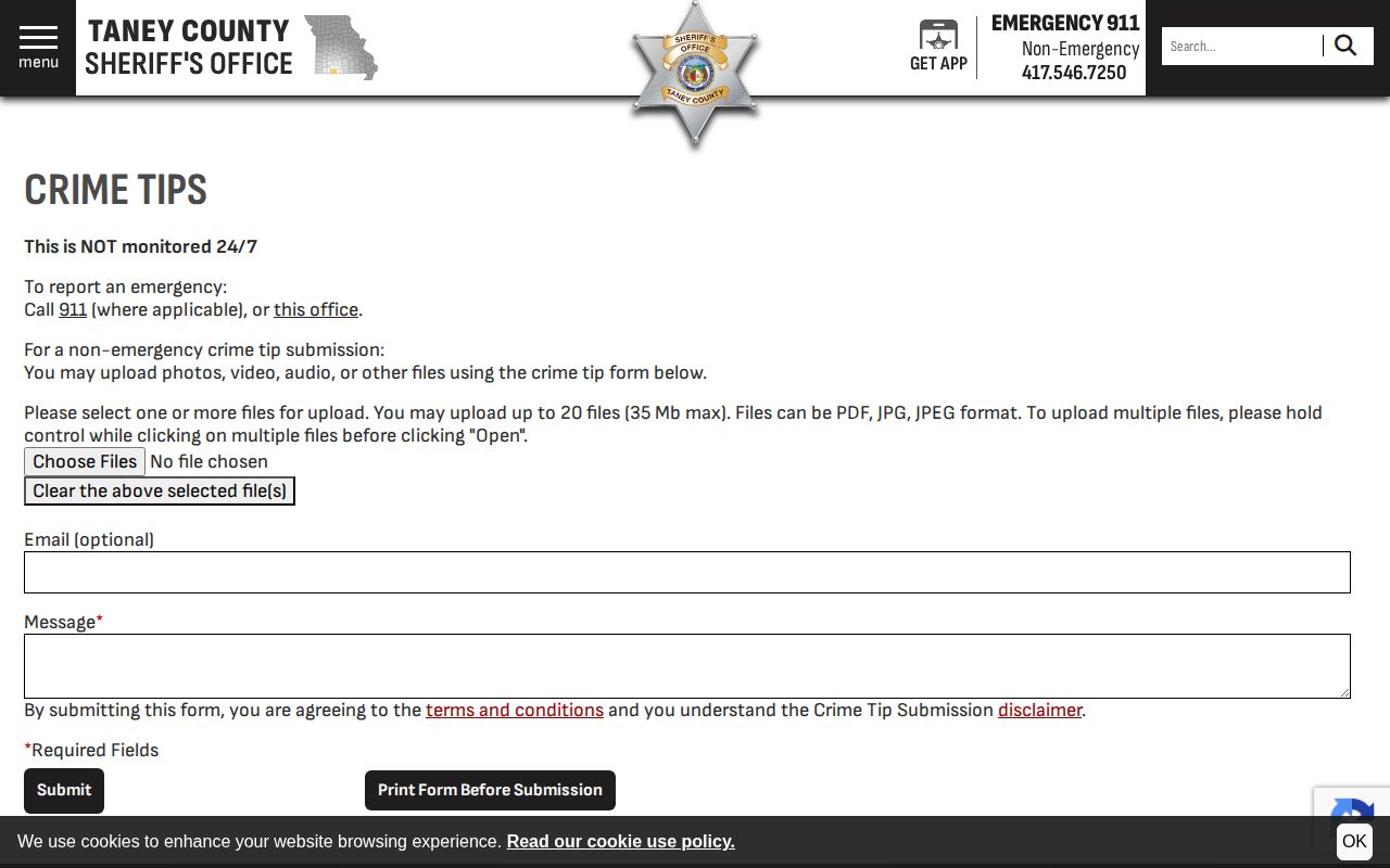 Taney County Sheriff official crime tip form