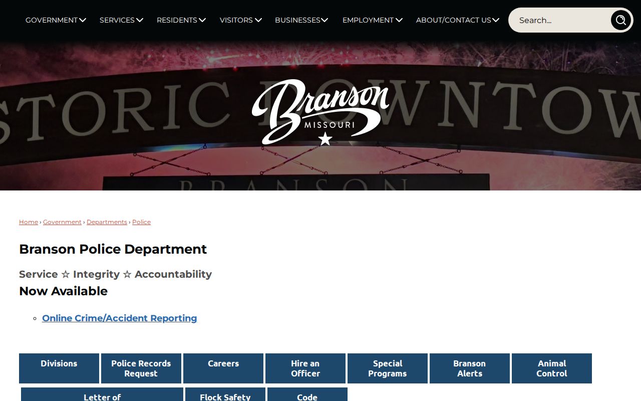 Official Branson Police Department webpage and contact information
