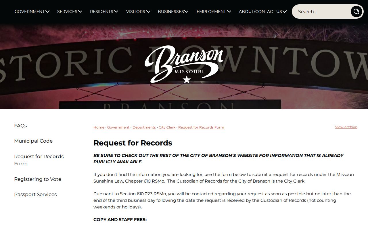 Branson Missouri public records request webpage