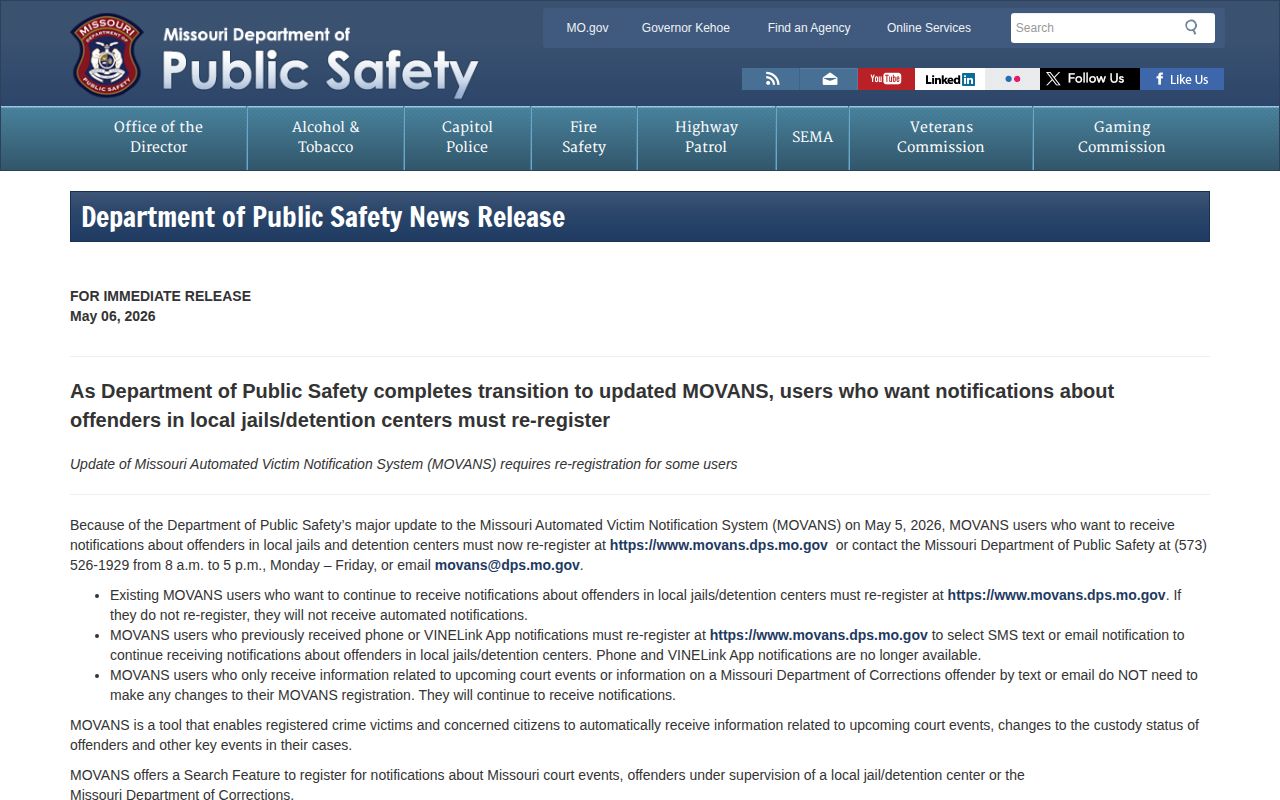 Missouri DPS notice about MOVANS local jail alert migration